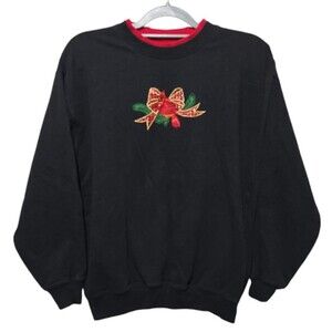 Vintage 1990s Holiday Christmas Sweatshirt Cardinal Bow Plaid Beaded Ladies Med
